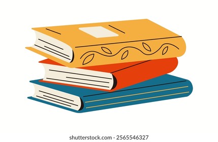 Vintage folios pile in literature store flat color vector objects. Studying literature works for amusement illustration on white background