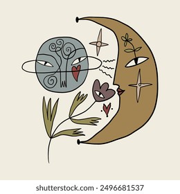 Vintage folk cartoon fairytale funny groovy whimsical Moon, Saturn and flower. Doodle stellar celestial cute astronomy and astrology characters. Hand-drawn bohemian composition. Magic boho mystical