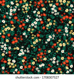 Vintage folk floral background. Seamless vector pattern for design and fashion prints. Plant pattern with small ditsy flowers of cinquefoil. Country style. Use for for textile, wallpaper, covers.