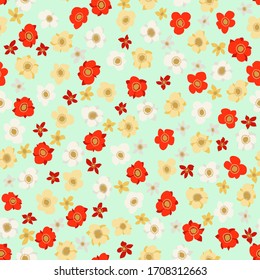 Vintage folk floral background. Seamless vector pattern for design and fashion prints. Plant pattern with small ditsy flowers of cinquefoil. Country style. Use for for textile, wallpaper, covers.