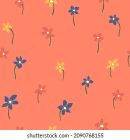 Vintage folk floral background. Seamless vector pattern for design and fashion prints. Plant pattern with small ditsy flowers of cinquefoil. Country style. Use for for textile, wallpaper, covers.