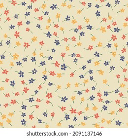 Vintage folk floral background. Seamless vector pattern for design and fashion prints. Plant pattern with small ditsy flowers of cinquefoil. Country style. Use for for textile, wallpaper, covers.