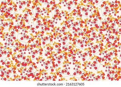 Vintage folk floral background. Seamless vector pattern for design or fashion prints with small ditsy red and yellow country field flowers.