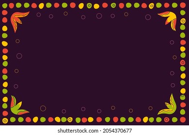 Vintage folk pattern of dots and colorful circles decorative frame on dark background. Retro graphic hand drawn ornament. Design template for greeting card. Vector abstract eps illustration