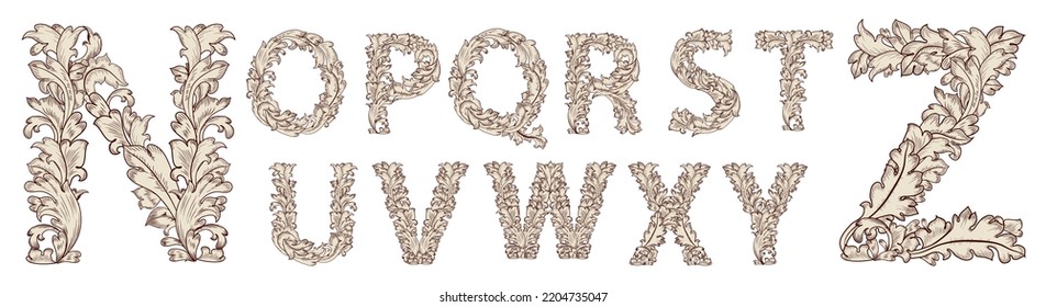 Vintage Font Alphabet In Baroque Style. Floral Set Of Capital Letters A - M With Engraved Leaves. Filigree Outlined Leafy Pattern. Antique Calligraphy Typeface Beige With Brown. Elegant Victorian Abc