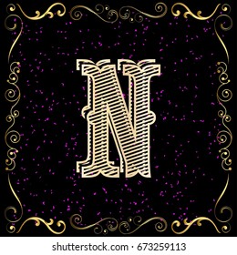 vintage font alphabet and floral label design named n