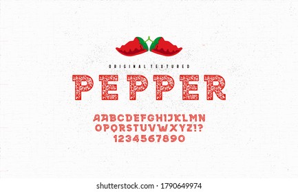 Vintage font design, handwritten alphabet. Vector illustration. Typeface Pepper. Vector illustration of pepper on a white background. Vector illustration