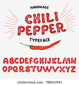 Vintage font design, handwritten alphabet. Vector illustration. Typeface "Chili Pepper". Vector illustration of pepper on a white background.