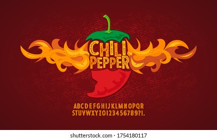 Vintage font with a grunge effect, handwritten font and alphabet. Vector illustration. Hot burning Chili pepper with fire.