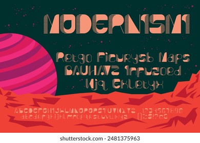 Vintage font inspired by retrofuturism. Blending bold letters with thin lines to depict past and future. Ideal for retro space illustrations, geometric designs, science fiction, boho or hippie artwork