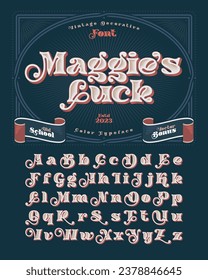 Vintage font Maggie's Luck with extruded vector effect and decorative design elements.