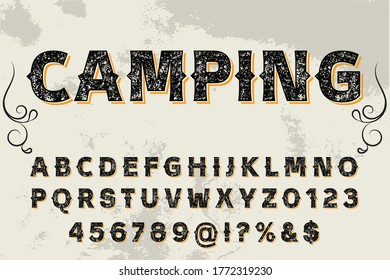 vintage font, retro alphabet, gray and black  style background, letters and numbers name camping