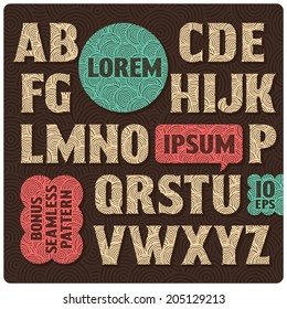 Vintage font set with dark background circles ornate seamless pattern