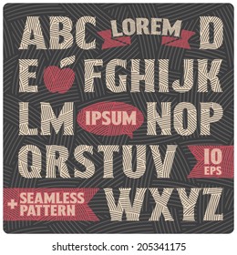 Vintage font set with dark seamless graphic pattern