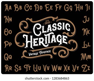 Vintage font set named "Classic Heritage" with decorative ornate on black background