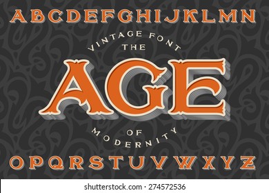 Vintage font "The Age of Modernity". Stylish retro art-nouveau typeface with engraved technique embossing. With dark seamless pattern on background.