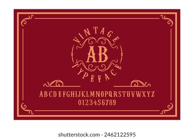 Antiguas Font mayúscula, y números, para diseño de logotipos y envases, frases cortas o titulares. Vector de fuentes.