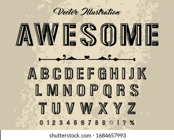 vintage font.Typeface.Script.Shadow Effect.Handcrafted handwritten vector label design old style. Hand Drawn.Retro Typography.Vector Illustration.named awesome