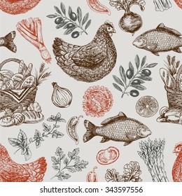 Vintage food background. Different kinds of food. Vector illustration