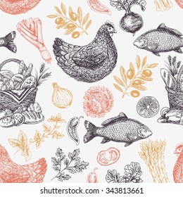 Vintage food background. Different kinds of food. Vector illustration