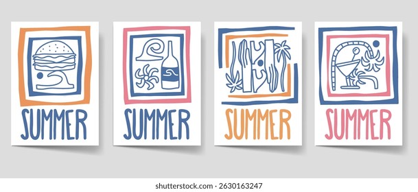 Vintage food and beverage summer poster set. Paradise beach bohemian illustration style for print, wall art. Boho illustration vector collection. Retro summer cover bundle. 