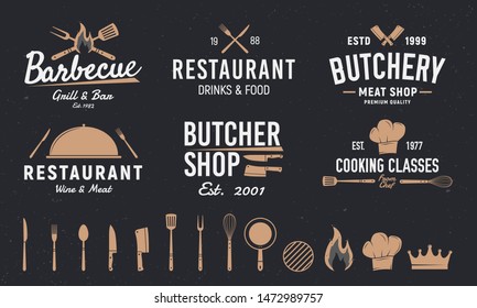 Vintage food business logo set with design elements. Cooking class, restaurant, butcher shop badges, labels, posters. Vector illustration