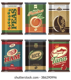 Vintage food cans. Retro food can vector collection. No gradients, no transparencies, no drop shadow effects, only fill colors. Peas, coffee, peaches, ham, tuna, rice.