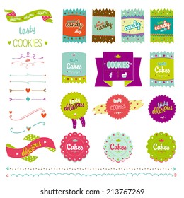 Vintage food collection of badges, labels, tags with tasty cookies. Vector illustration with cute and hipster elements. Sweet bakery for restaurants, cafes, cake manufacturer, on line shop, events.