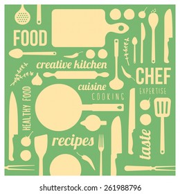 Vintage food and cooking background with kitchen tools, ingredients and words in a square frame