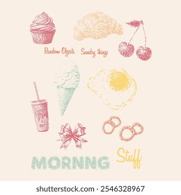 Vintage food and drinks vector illustration collection. Breakfast club vector art, hand drawn fresh breakfast with flower vase, healthy breakfast social club artwork for t shirt, poster, graphic print