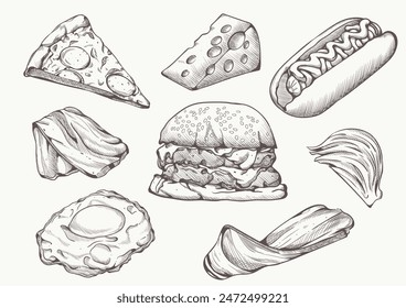 vintage food hand drawing lunch time cheese pizza hot dog hamburger sausage