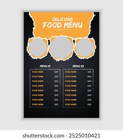 Vintage Food Menu Design or Flyer Design Template in Dark Color, A4 Size, Restaurant Food Menu Design
