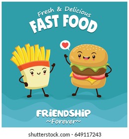 Vintage Food Poster Design With Burger & Fries Character.