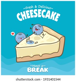 Vintage food poster design with cheesecake and blueberry character.