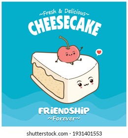 Vintage food poster design with cheesecake and cherry character.