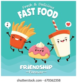 Vintage food poster design with drink, donut & fries character.