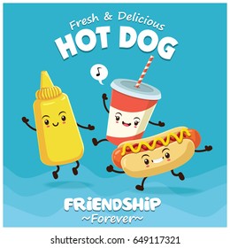 Vintage food poster design with hot dog, mustard, drink character.