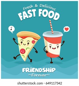 Vintage Food Poster Design With Pizza, Drink Character.