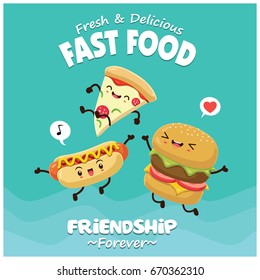 Vintage food poster design with pizza, burger, hot dog character.