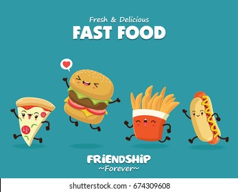 Vintage food poster design with pizza, burger, hot dog, fries character.