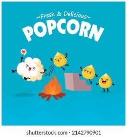 Vintage food poster design with popcorn character.