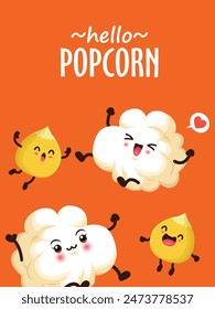 Vintage food poster design with popcorn character.