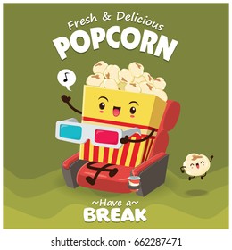 Vintage food poster design with popcorn character.