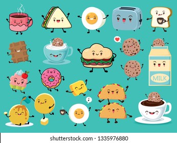 Vintage food poster design set with vector Taco, milk, egg, toaster, sandwich, bread, coffee, cake, cupcake, pancake, cookies character.