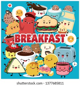 Vintage food poster design with vector cake, cupcake, pancake, biscuit, cookies, milk, egg, taco, toaster, sandwiches, butter, coffee character.