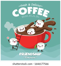 Vintage food poster design with vector coffee with marshmallows characters.