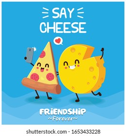 Vintage food poster design with vector pizza & cheese character.