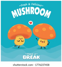 Vintage food poster design with vector mushroom character.