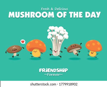 Vintage food poster design with vector mushroom character set.