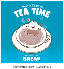 Vintage food poster design with vector tea bag character.